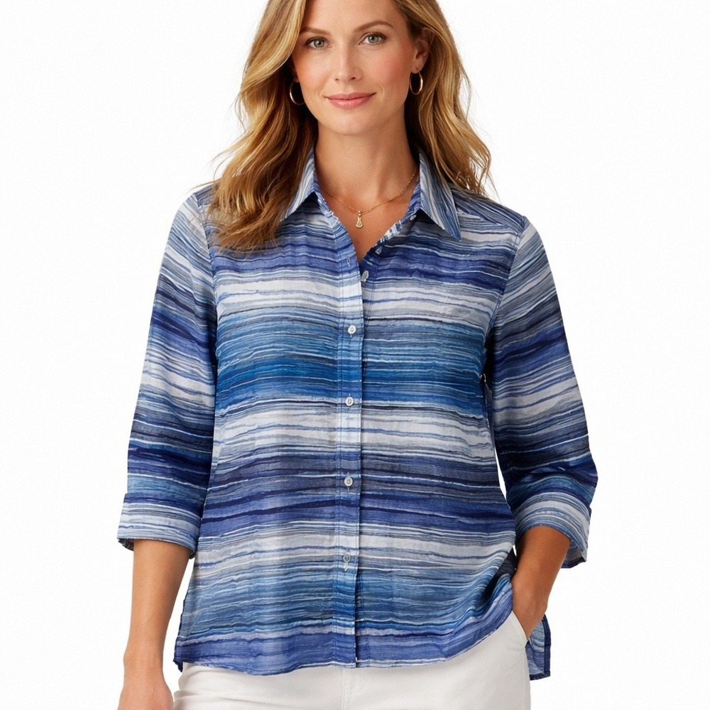 Choices Striped Crinkle Button Up Shirt Blue White Nautical 3/4 Sleeve Size L